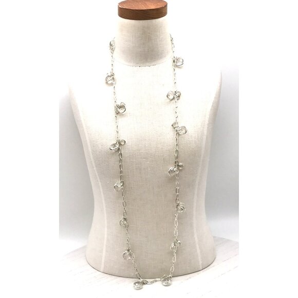 Vintage Style Long Silver Tone Beaded Chain Necklace With Clear Resin Accents - Picture 2 of 2